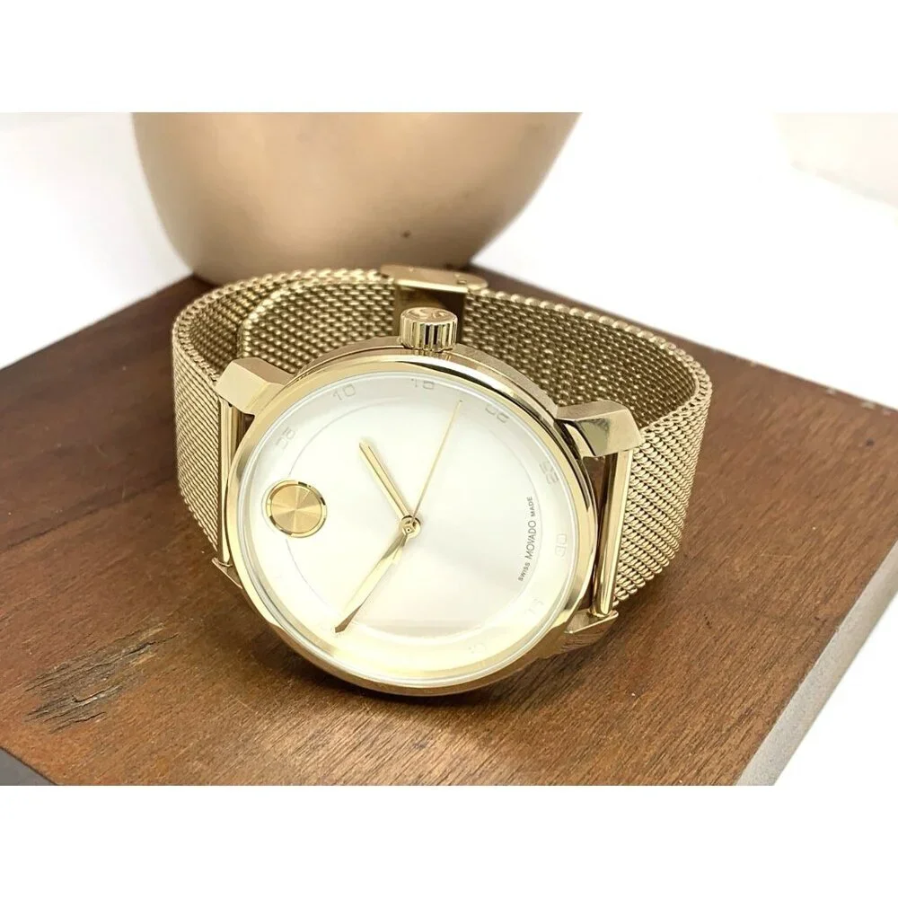 Movado Mens Watch 3601077 Bold White Dial Swiss Quartz Gold Steel 41mm Mesh Band